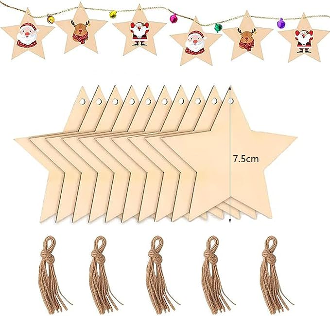 50 Pcs Wooden Ornaments, BetterJonny 3.15 * 2.56in Unfinished Natural Wood Slices with Holes Blank Wood Discs with 50pcs Jute Rope for DIY Christmas Decoration