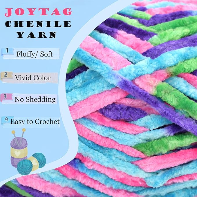 Velvet Chenille Yarn for Crocheting & Knitting - Soft, Thick, Bulky Chunky Purple Blue Velvet Yarn - 100g Ocean Tone