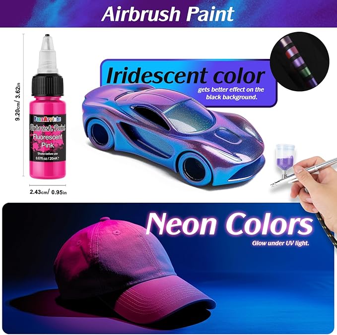 FansArriche Airbrush Paint, 44 Colors with 6 Thinners Acrylic Air Brush Paint Set, Ready to Spray Water-Based Opaque & Neon & Iridescent Acrylic Paint for Beginners, Artists, 20 ml/Bottle