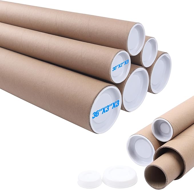 Mailing Tubes with Caps, 3 Pack 3x36-Inch & 3 Pack 2x30-Inch Kraft Paper Poster Tube for Shipping, Packing, Bulk Round Packaging, Cardboard Mailers, Art Prints, Maps, Blueprint