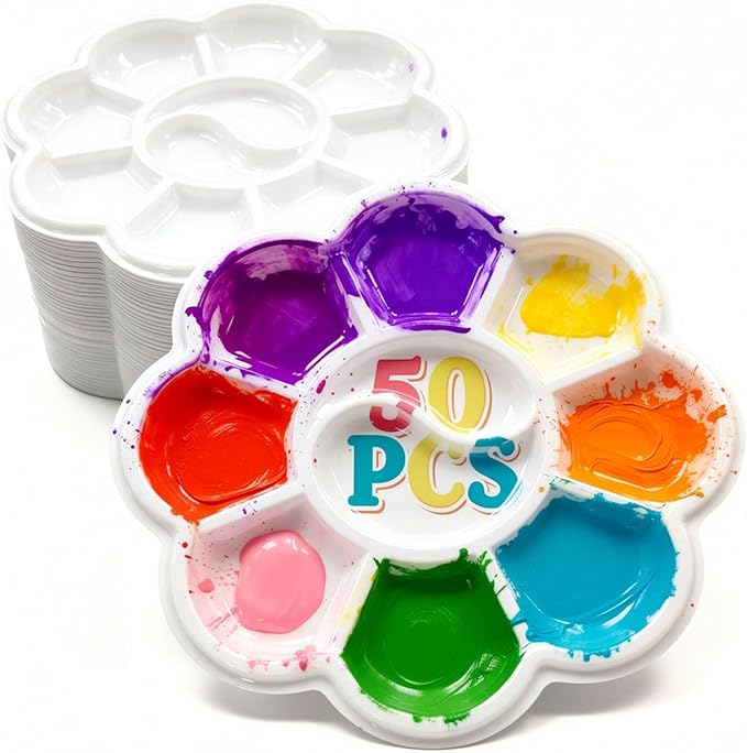 50 Pcs Paint Palettes, One Time Use Plastic Paint Pallets, Mini Watercolor Painting Palettes for Painting or DIY Craft Class, White 4.6 in