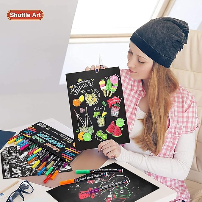 Shuttle Art Chalk Markers, 24 Vibrant Colors Liquid Chalk Markers Pens for Chalkboards, Windows, Glass, Cars, Erasable, 3mm Reversible Fine Tip with Chalkboard Labels for Office Home Supplies