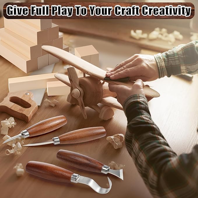 Therwen 27 Pcs Wood Carving Kit, 5 Pcs Wood Carving Tools with Storage Bag, Whittling Kit with 18Pcs Whittling Blocks and 4 pre Shaped Spoon Blanks and Drawstring Carry Bag for Crafts Beginners