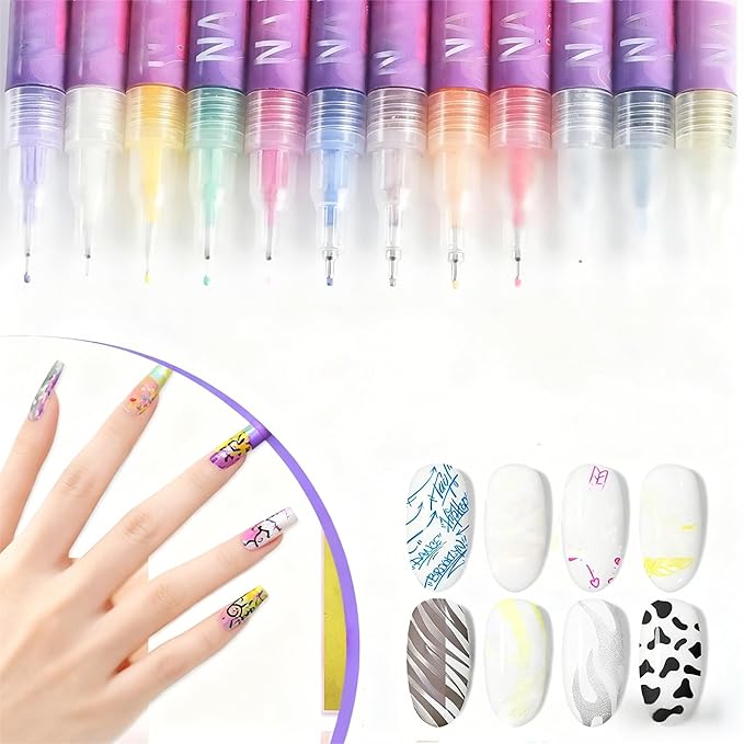 Nail Art 12-Color Marker Set, Fine-Tip Precision Pens for Manicure Design，3D Nail Art, Drawing Painting Liner Brush for Beauty Adorn Manicure Tools