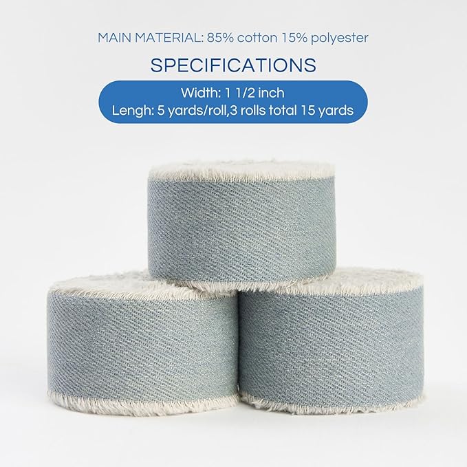 Grey Blue Denim Ribbon for Crafts Handmade Rustic Frayed Cotton Jean Fabric Ribbon for Flower Bouquet 15 Yards 1 1/2 Inch Cloth Ribbons for Gift Wrapping Hair Sewing Accessories Holiday Decor
