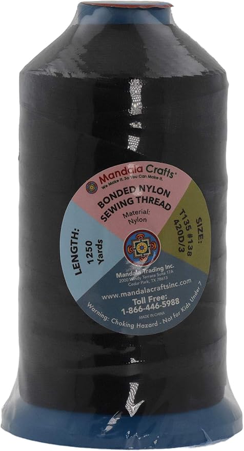 Mandala Crafts Size 138 420D T135 Bonded Nylon Thread - Black 1250 YDs Tex 135 Heavy Duty Sewing Threads for Leather, Jeans, Weaving, Outdoor Marine Upholstery