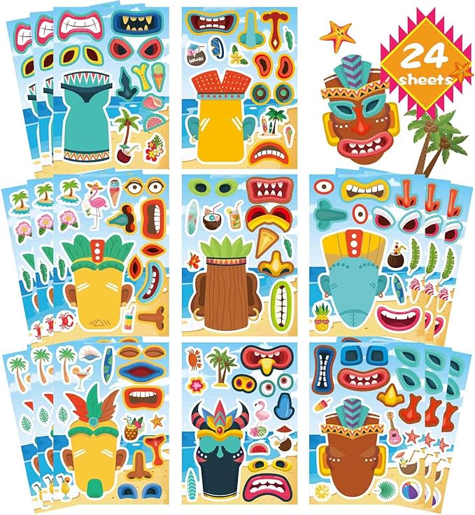 24 Sheets Tiki Make a Face Stickers, Tropical Hawaiian Stickers for Kids Summer Luau Party Favors Decoration