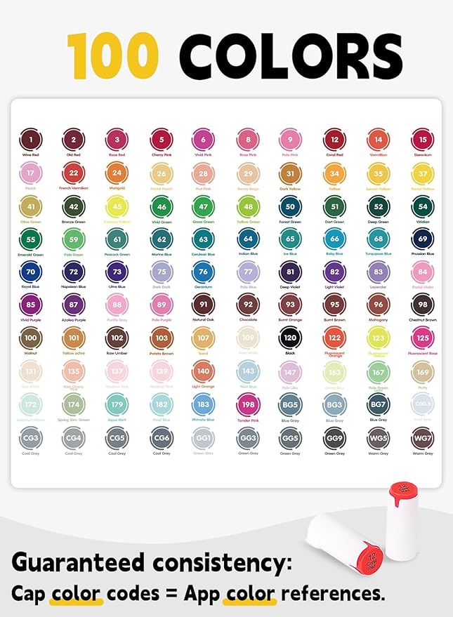 YHC 100 Alcohol Brush Marker with Free App, Chen Rui Dual Tips Art Markers for Adults, Alcohol Based Brush & Chisel Tips Markers for Drawing, Coloring, Painting, Sketching