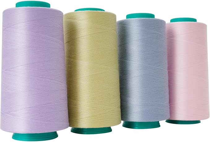Serger Thread, All-Purpose Sewing Thread Polyester,4 Cones of 3000 Yards Each Spool,Cone Thread for Sewing Machine,140S/2 (Grey Blue,Yellow Green,Purple,Pink)