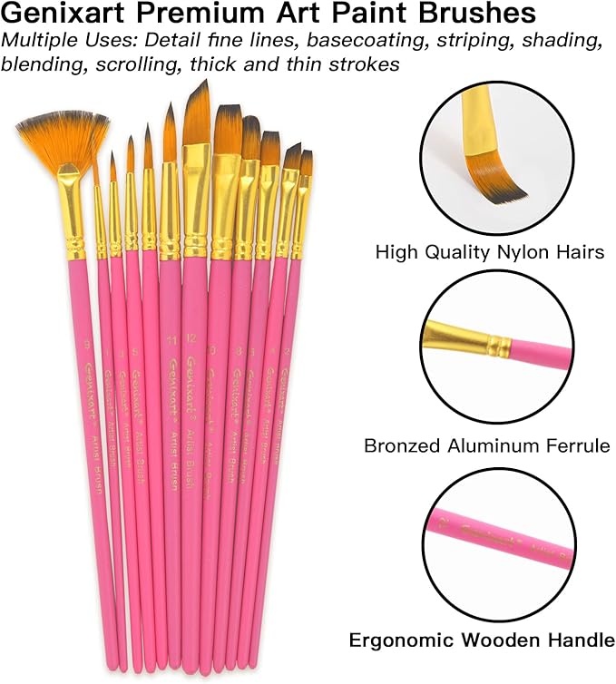 Genixart Paint Brush Set for Acrylic Oil Watercolor, Synthetic Nylon Hairs Artist Paintbrushes for Nail Face Body Professional Art Painting, 12 Pack Paint Brushes for Students Adults (PinkRed)