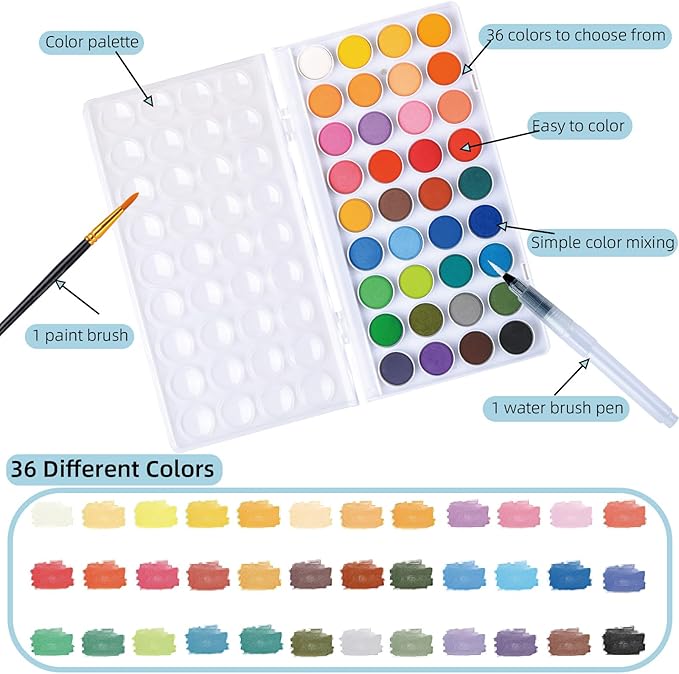 Watercolor Workbook Coloring Books 36 Colors Beginner Friendly Painting Kit, Portable Watercolor Paint Set with 2 Brush,Art Supplies for Painting Travel Gift