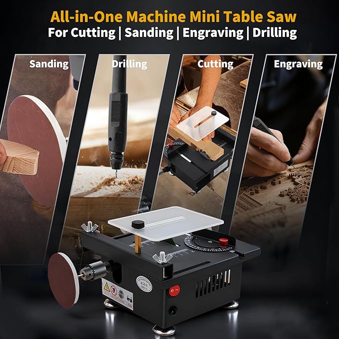 Mini Table Saw, Mini Multi Functional Table Saw for Crafts, 7-Speed Adjustable Portable Desktop Saw with Height & Angle Control, Cutting/Polishing/Engraving/Drilling for Woodworking, Plastic & Acrylic
