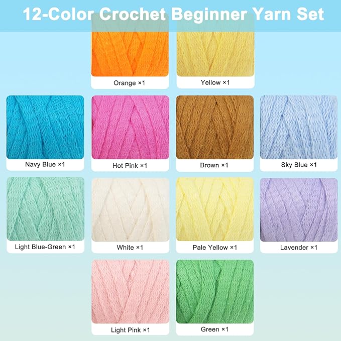 Crochetta Crochet Kit for Beginners Adults - Complete Starter Set with Crochet Hooks, Scissors, Stitch Markers + 12-Colored Yarn 22-25 Yards (10g) per Color
