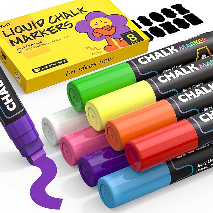 WUO Window Chalk Markers,8 Colors Car Markers,15mm 3-In-1 Jumbo Wide Nib, Dust-Free & Non-Toxic - Erasable Blackboards Marker For Rock Painting, Poster, Stone, Ceramic, Glass