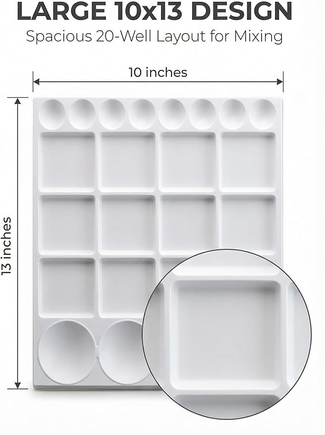 DUGATO Large Paint Palette Trays (2 Pack, 10x13) - 20-Well Plastic Mixing Palettes for Acrylic, Oil, Watercolor & Gouache Paints - Artist Supplies