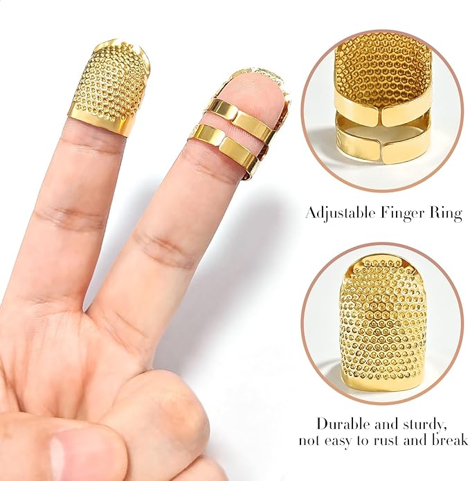 ZESION 4Pcs Sewing Thimbles, Adjustable Metal Thimbles for Hand Sewing Finger Protector, Quilting Craft Accessories for Knitting Needlework DIY Tools, Gold(2 Sizes, S/M)