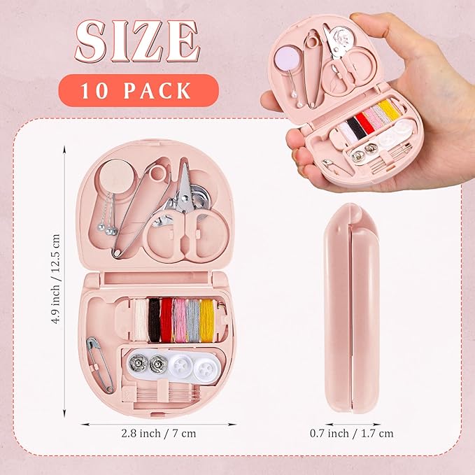 Yuxung 10 Pcs Mini Travel Sewing Kit Portable Emergency Repair Kit Mini Sewing Box with Threads Scissors Needles DIY Supplies for Beginner Traveler Hotel Charity(Light Pink)