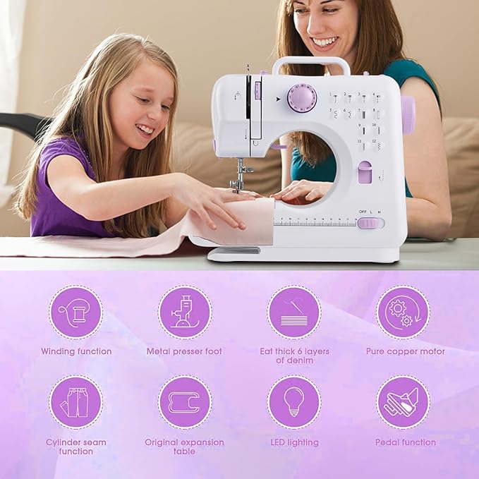 Sewing Machine for Beginners & Kids, Mini Portable Sewing Machines with 12 Built-in Stitch Patterns, 2-Speed Foot Pedal, Perfect for Teaching Daughter Granddaughter to Sew(with 27 Pieces Sewing Kit)