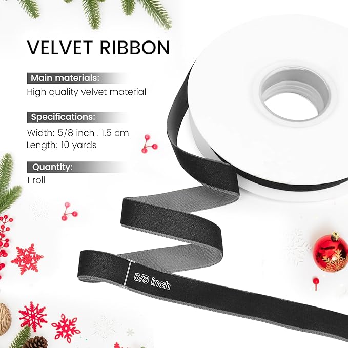 Black Velvet Ribbon, 5/8 inch 10 Yards Vintage Velvet Ribbons Perfect for Christmas Tree Ornaments, Gift Wrapping, Wedding Decoration, Bows, Sewing, Crafts, Wreath and More