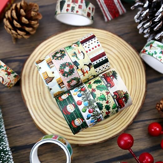 12 Rolls Christmas Washi Tape Set, Vintage Cartoon Xmas Decorative Tape Santa Holiday Retro Masking Tape for Journaling Supplies, Junk Journal, Scrapbooking, DIY Arts & Crafts, Gift Wrapping