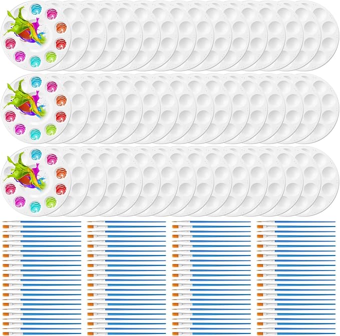 150 Pcs Painting Brushes Palettes Set 100 Watercolor Paint Brushes 50 Tray Palettes Art Classroom Supplies Paint Party Favors for Adults Students Classroom Birthday Party(Blue)