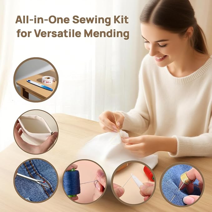 Vercleuim Steel Needles for Hand Sewing, with 25 Stainless Big Eye Steel Sewing Needles kit, 1 Seam Ripper for Sewing Thread, 2 Needle Threaders, 5 Threads, 2 Thimbles and DIY Crafting kit
