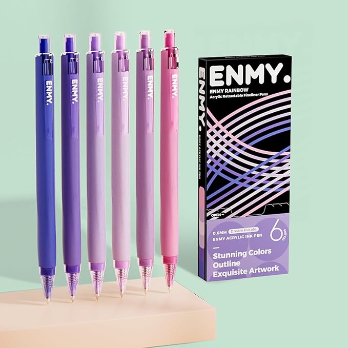 ENMY Acrylic Fineliner Pen, 6Pcs Aesthetic Colors 0.6mm Fine Point Retractable Markers, Colorful Drawing Pen for Journaling, Outlining, Sketch, Note-Taking, Smooth Art Pens for Adults & Kids