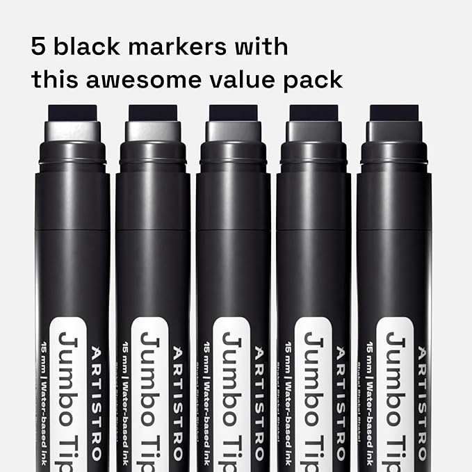 ARTISTRO 5 Black Paint Pen for Glass Marking, Rock Painting, Ceramic, Wood, Tire, Fabric, Metal, Canvas - Set of 5 Acrylic Paint Markers Water-based - Jumbo Tip