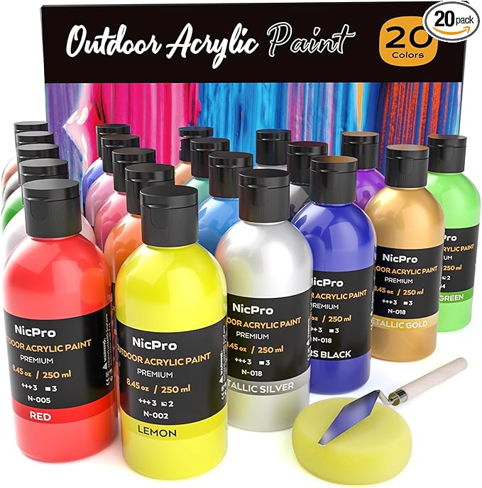 Nicpro 20 Colors Large Bulk Outdoor Acrylic Paint Set (8.45 oz, 250 ml) Rich Art Painting Supplies, Non Toxic for Multi Surface Canvas Rock Wood Leather Fabric Stone Metal Wall Craft with Color Wheel