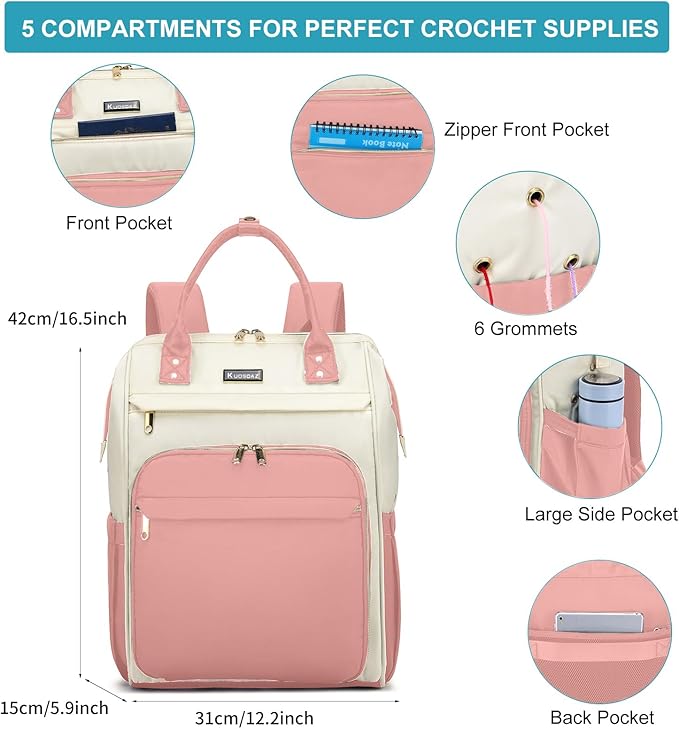 Kuosdaz Crochet Bag Backpack, Large Yarn Storage Crochet Organizer, Christmas Gifts Travel Crochet Backpack for Women, Knitting & Crochet Accessories for Crochet Hooks, Pink & Beige