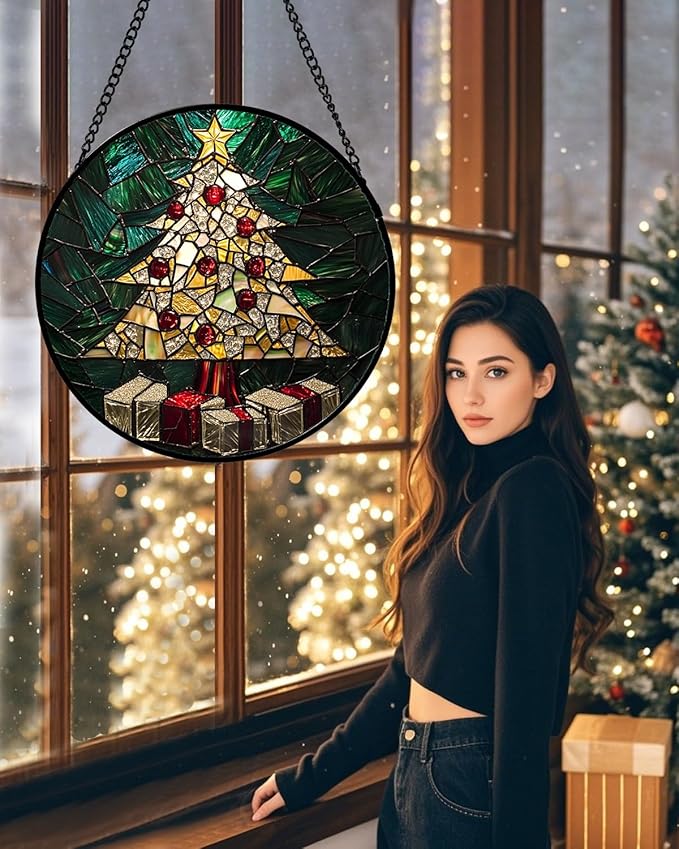 Stained Glass Window Hanging - Golden Christmas Tree Suncatcher for Doors Home Christmas Decoration Winter Sun Catcher Thanksgiving New Year Birthday Gifts for Women Men Mom Nana Girl 7.8 in