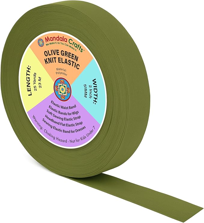Mandala Crafts Wide 2 Inch Olive Elastic Bands Spool for Pants Waistbands Sewing and DIY Crafts, 25 YD Stretchy Flat Fabric Strap Knit Elastic Band for Wig