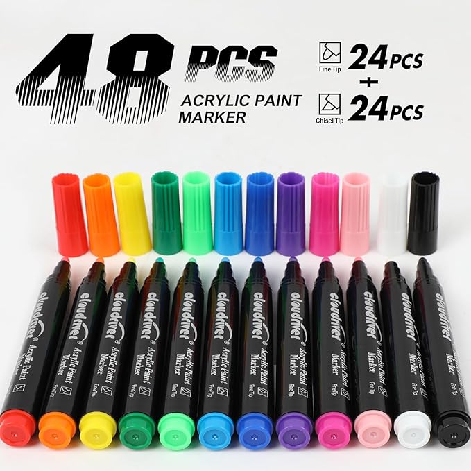cloudriver Acrylic Paint Pens, Bulk Pack of 48, 12 Colors Water-based Ink Markers, Fine and Chisel Tip Acrylic Paint Markers For Canvas, Rock Painting, Wood, Glass, Metal, Ceramic, stone