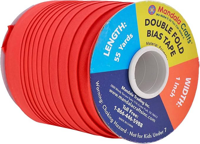 Mandala Crafts 55 Yards 1 Inch Red Double Fold Bias Tape for Sewing - Bias Binding Tape for Quilting Binding, Hemming, Seam, and Fabric Piping