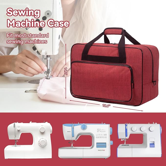Sewing Machine Carrying Case, Sewing Machine Carrying Case Tote Bag, Universal Tote Storage Bag with Pockets and Handles, Suitable for Most Standard Singer (RED)