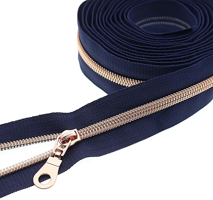 #5 Rose Gold Metallic Nylon Coil Zippers by Yard Bulk Coil Zipper Roll 10 Yards with 25pcs Silver Pull for DIY Sewing Craft Bag(Navy Blue) YIGUANXIN