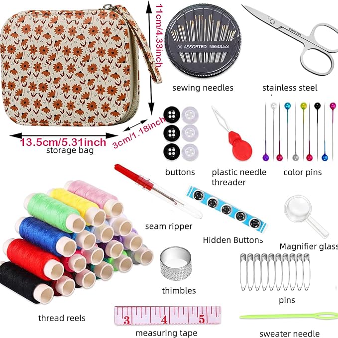 Printing Sewing Kit Maple Leaf Pattern Sewing Set Mini Travel Sewing Kit for Adults 87 PCS Professional Basic Sewing Supplies Accessory for Emergency, Home