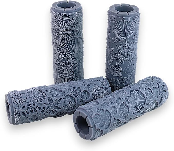 Shells and Seafloor Collection 4-Pack Clay Texture Rollers (4") - Seamless Ocean Set #01 - Embossing Pattern Rollers for Polymer & Ceramic Clay, Pottery & Crafts