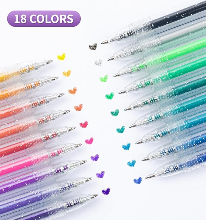 Glitter Gel Pens, 18 Colors Metallic Vibrant Sparkle Pen for Coloring Journaling Drawing Doodling Colored Pen Colored Gel Pens Fun Pens 0.8-1mm