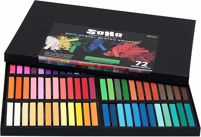 Soho Urban Artist Soft Pastel Sketch Squares - Richly Pigmented, Vibrant Color Soft Pastels for Artists Professional Pastel Artwork Studies and Sketching - Set of 72 Assorted Chalk Pastels