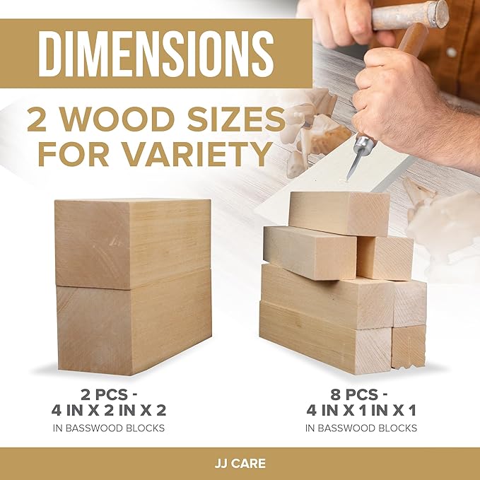 JJ CARE Wood Carving Kit, 24pcs Wood Whittling Kit with 12 SK2 Steel Carving Knives, 10 Basswood Blocks, 1 Grinding Stone & Storage Case, Gift Set for Beginners & Adults