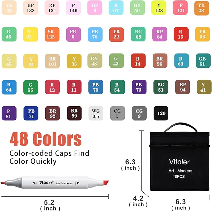 Alcohol Markers,48 Colors Double Tipped Coloring Markers for Adult Coloring Book,Art Set for Book Painting, Christmas gift for Kids