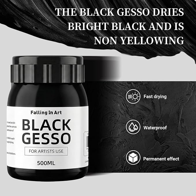 Falling in Art Black Gesso Primer for Acrylic Painting, 16.9Oz Non-Toxic Canvas Primer Gesso Surface Prep Medium