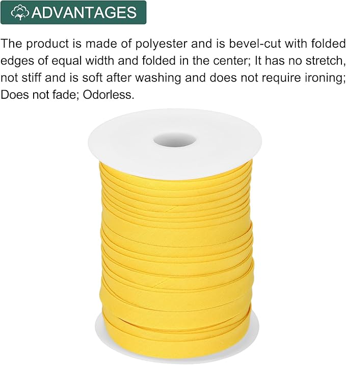 MECCANIXITY 2/5 Inch Double Fold Bias Tape Polyester Continuous Bulk Bias Tape for Sewing,Seaming Quilting Hemming Binding Crafts (Yellow 55 Yards)
