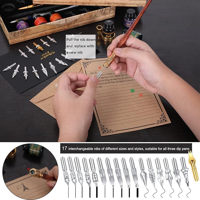 Vintage Pheasant Quill Pen Ink Set,Feather Dip Pen Set with Classic Spiral Bound Leather Notebook,Beginners Glass Dip Pen Wood Calligraphy Pen Craft Decoration Pen,Best Gift Kit for Writing,Drawing