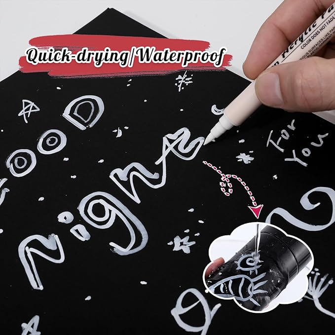 White Pens Set, 6 Pcs Acrylic Paint Pens Dual-Tip Marker Fineliner Brush Pen Quick-Drying Waterproof White Ink Pen for Black Paper Drawing Sketching Clothes Wood Glass Ceramic Stone