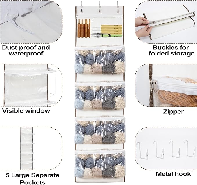 LoforHoney Home Yarn Storage, Hanging Yarn Storage Organizer with 5 Zipper Closure Compartments, Over the Door Yarn Storage Bag for Crochet Hooks and Yarn Balls, Clear Hanging Yarn Holder with 3 Hooks