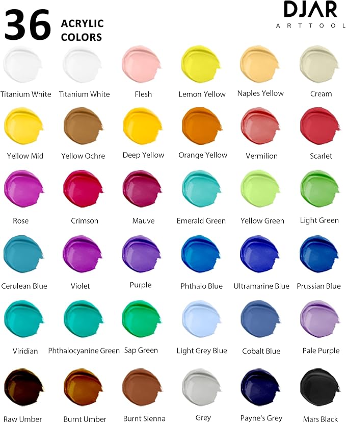 DJAR Acrylic Paint Set, 36 Colors 2 fl oz/60ml Bottles, Art Supplies for Painting Canvas, Glass, Egg, Wood