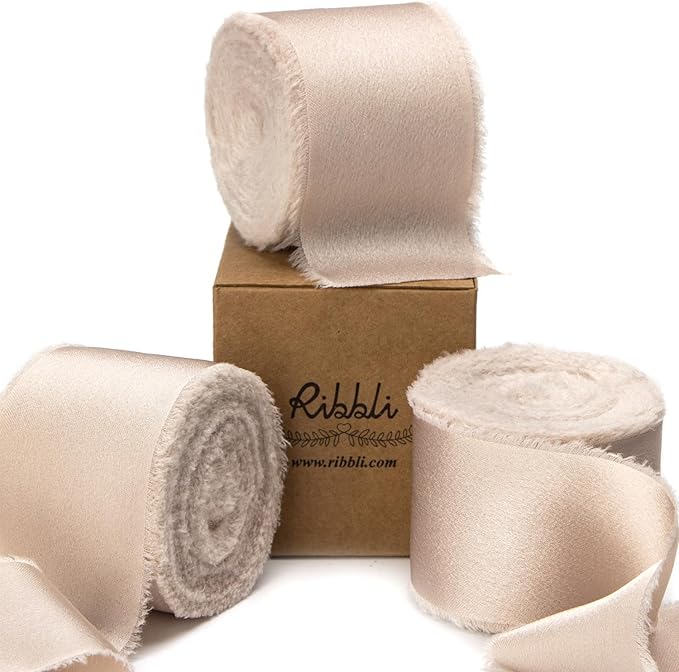 Ribbli Light Champagne Silk Satin Ribbon 1.5 Inch x 30 Yard Handmade Frayed Chiffon Champagne Ribbon for Gift Wrapping Wedding Invitations Bridal Bouquets Home Decor