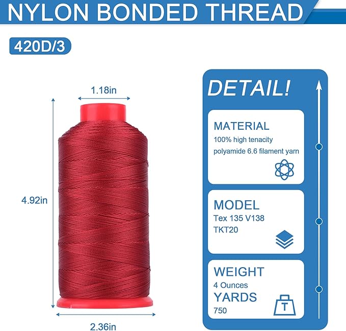 Heavy Duty Bonded Nylon 66 Sewing Thread 420D/3 T135#138 750 Yards for Canvas Furniture Upholstery Leather Goods Leather Footwear Outdoors(553, 420D/3)